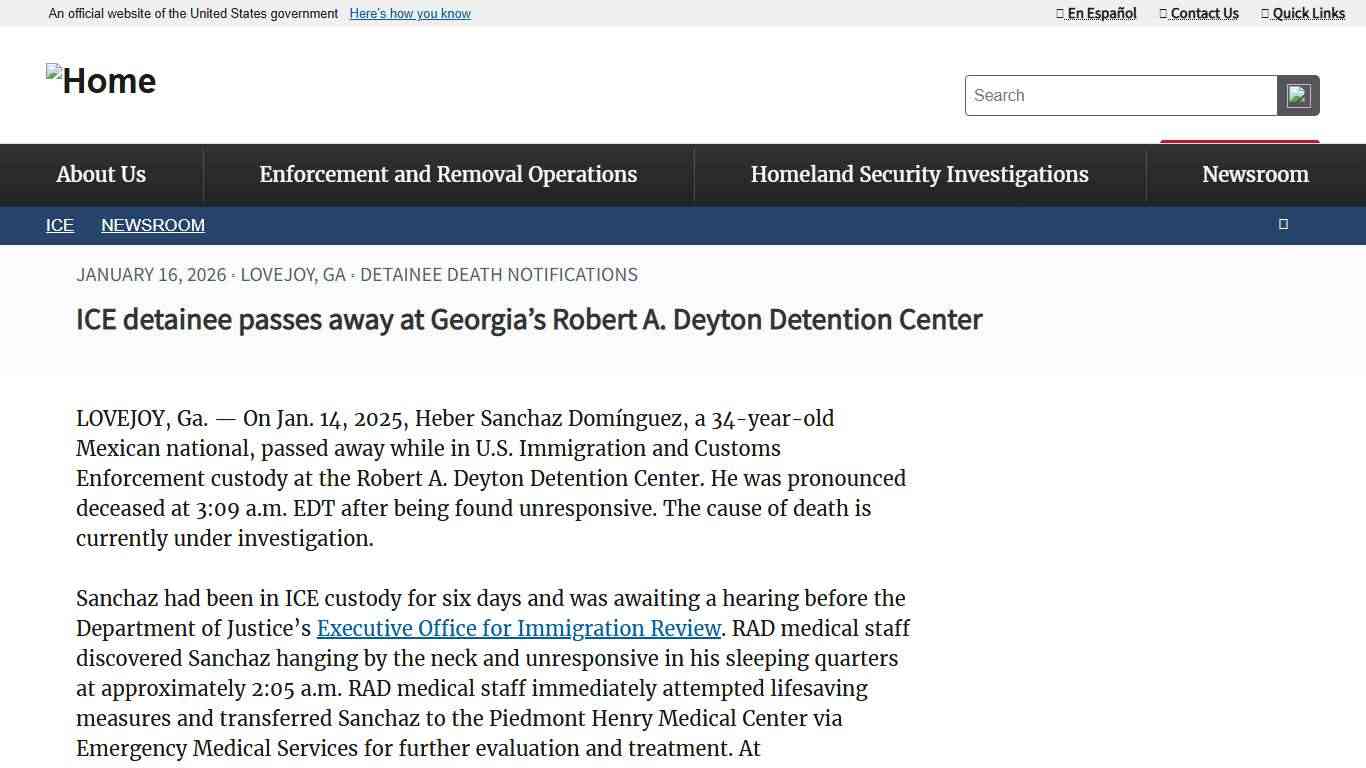 ICE detainee passes away at Georgia’s Robert A. Deyton Detention Center ICE
